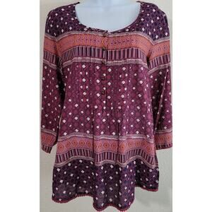 Bob Timberlake Purple Blue Geo Print Pleated Front Tunic Top Large 3/4 Sleeves